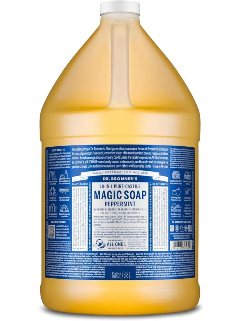 Peppermint Pure-Castile Liquid Soap Refill - 1 Gallon Eco-Friendly Cleanser